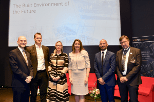 Groupshot of UCEM Principal, Ashley Wheaton, Dan Hughes, Melissa Sterry, Amanda Clack, Mark Farmer and UCEM Chairman of he Board of Trustees, John Gellatly