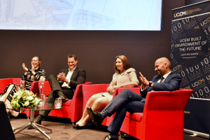 Melissa Sterry, Dan Hughes, Amanda Clack and Mark Farmer on stage clapping 