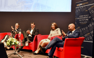 Melissa Sterry, Dan Hughes, Amanda Clack and Mark Farmer on stage answering questions from the audience