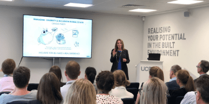 Amanda Clack doing a talk on managing diversity and inclusion in Real Estate in the Horizons building