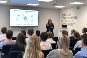 Amanda Clack doing a talk on managing diversity and inclusion in Real Estate in the Horizons building