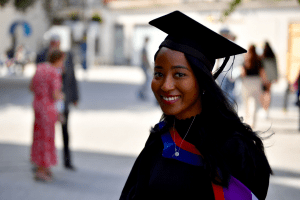 A recent graduate outside Reading Town Hall