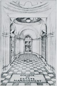 An image of the drawing of the entrance to 35 Lincoln's Inn Fields. The drawing shows a black and white checkered marble floor with a carpet reading 'College of Estate Management' in a stone hallway