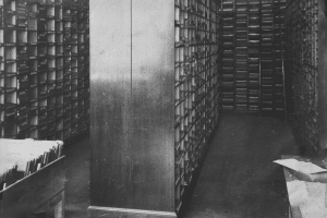 An image of the postal room at 35 Lincoln's Inn Fields displaying neatly stacked bookshelves containing reams of documents