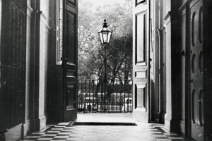 An image showing the UCEM lamp outside the entrance to our first home at 35 Lincoln's Inn Fields in London
