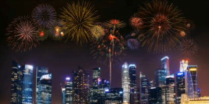 Fireworks over a city skyline