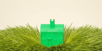 Green toy house in grass
