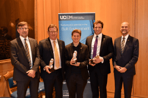 UCEM Principal, Ashley Wheaton, and UCEM Chairman, John Gellatly, with the winners of the 2019 UCEM Property Awards