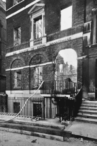 The damaged frontage at 35 Lincoln's Inn Fields after the blitz