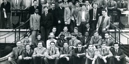Students pictured outside CEM’s St Alban’s Grove premises in 1962 featuring UCEM alumnus Michael Sander