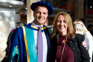 Honorary Doctorate recipient, Ciaran Bird, and UCEM Chair Designate, Amanda Clack, at the December 2019 UCEM Graduation