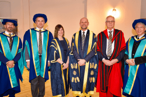 UCEM Principal, Ashley Wheaton, Deputy Principal, Jane Fawkes, and Vice Chair, Dr Stephen Jacksonm with Honorary Doctorate recipients Mark Farmer, Craig Bennett and Cary Chan before the December 2019 UCEM Graduation