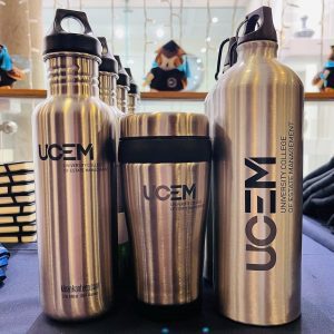 Water bottles on the merchandise stand