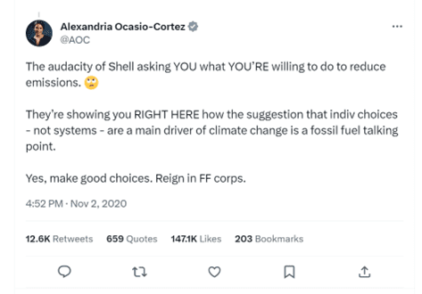 Screenshot of twitter reply 'The audacity of Shell asking YOU what YOU'RE willing to do to reduce emissions. They're showing you RIGHT HERE how the suggestion that indiv choices - not systems - are a main driver of climate change is a fossil fuel talking point. Yes, make good choices. Reign in FF corps.