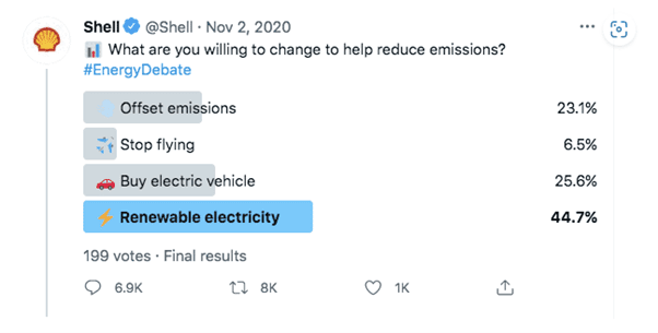 Screenshot of a Twitter conversation of Shell asking the question 'What are you willing to change to help reduce emissions?'